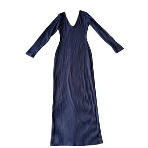 Unbranded Navy Blue Ribbed Knit V-Neck Long Sleeve Bodycon Maxi Dress Small